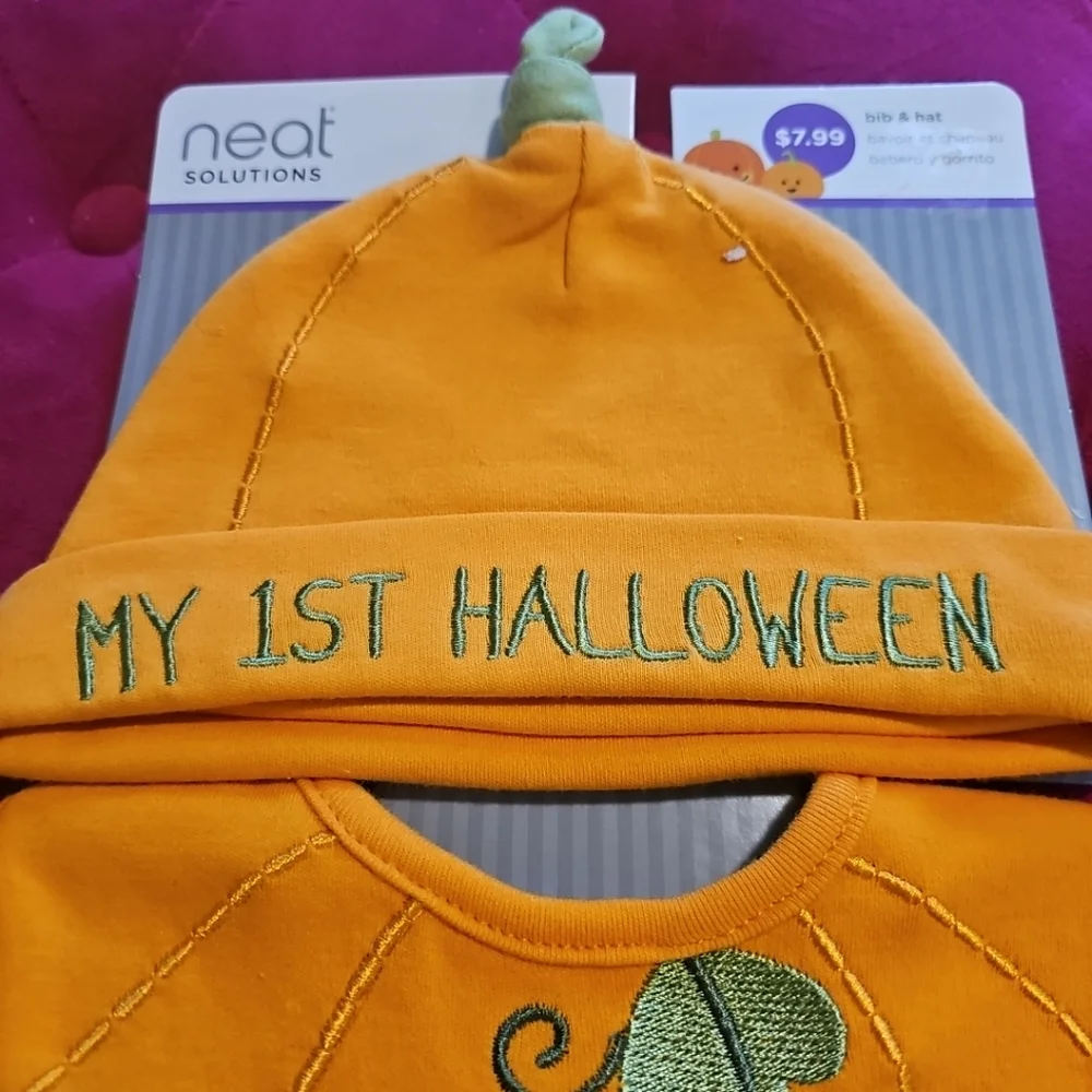 NWT Infant My 1st Halloween Pumpkin Hat & Bib Neat Solutions Boy Or Girl